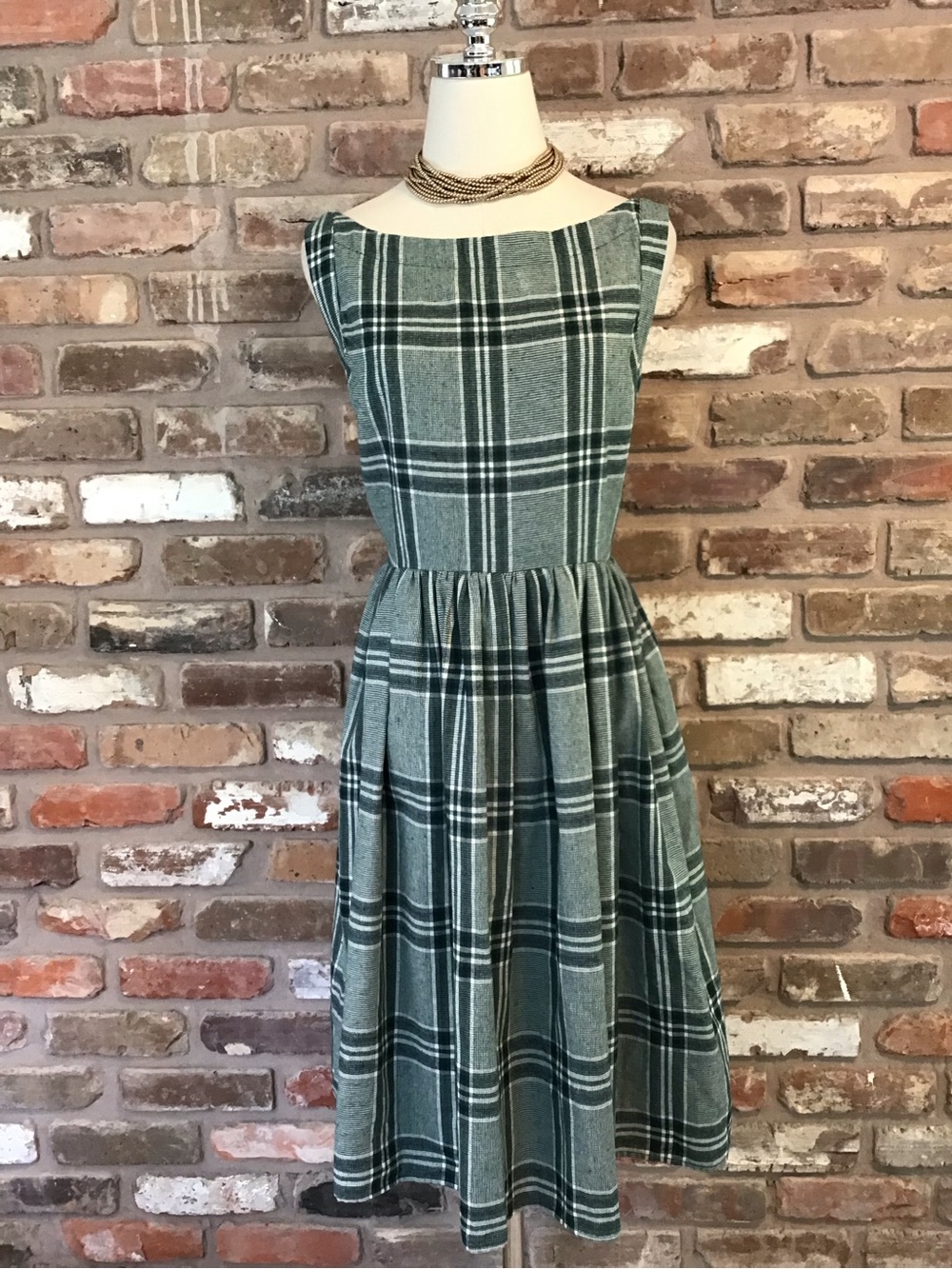 SAINT GERALDINE Women's Fit & Flare Green Navy Plaid Sleeveless Midi Dress L - Picture 2 of 7